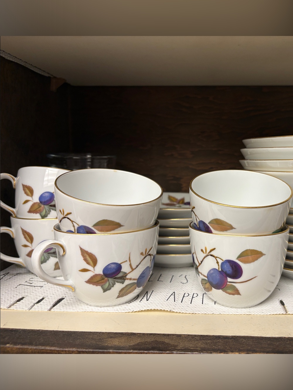 Royal Worcester White Teacups with Purple Fruit and Gold Trim